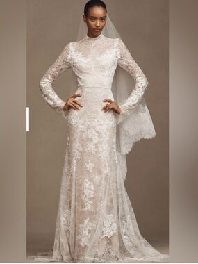 Watters Ivory Lace High-Neck Wedding Gown